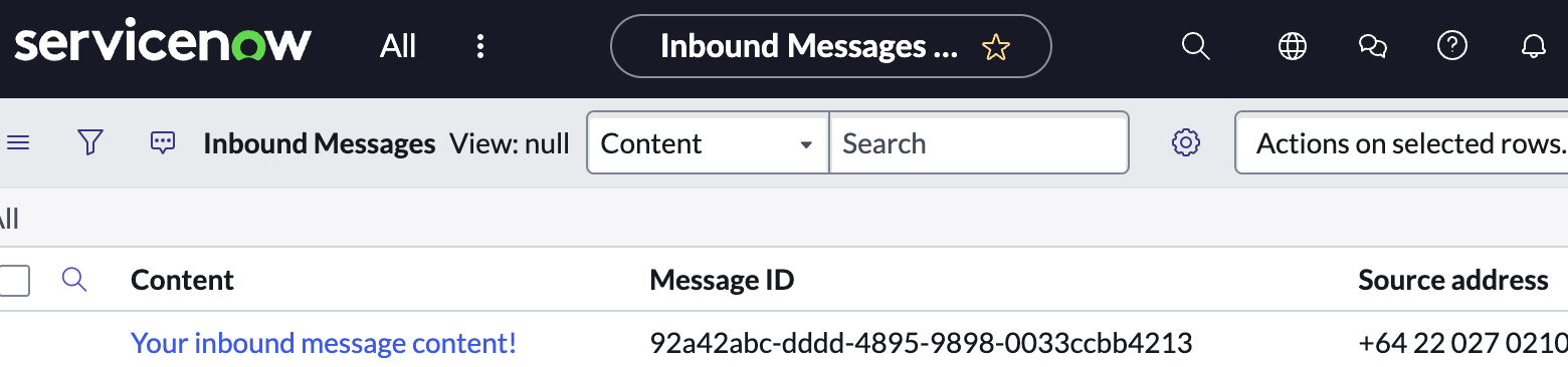 ServiceNow table of inbound SMS messages