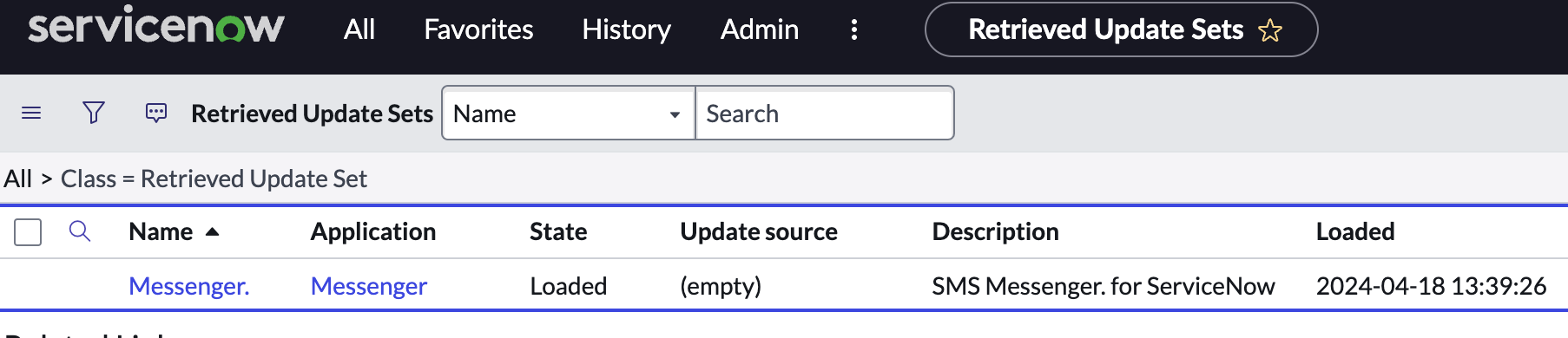 ServiceNow retrieved update sets